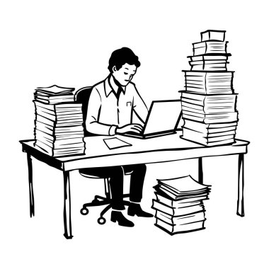 Bir yığın belgeyle çalışan çalışanlar, karalama çizimleri.