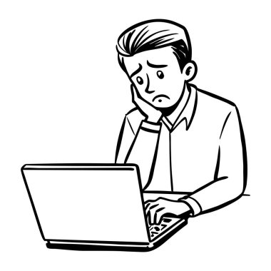 Üzgün çalışan ekrana bakıyor, el çizimi illüstrasyon 