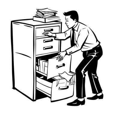 Çalışan bir dosya dolabında belge arıyor, karalama çizimi 