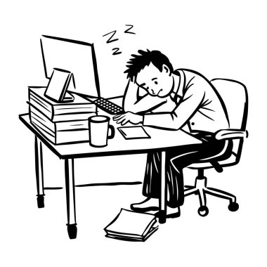Masada uyuyan yorgun bir çalışan, elle çizilmiş bir resim. 