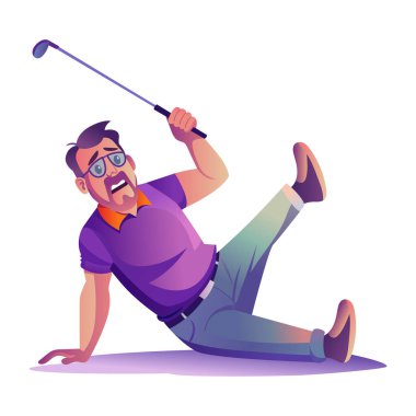 Elinde golf sopasıyla kayan bir adam, düz çizim. 