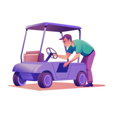 Adam golf arabasından bir şeyler alıyor, düz çizim. 