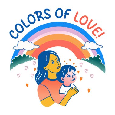 Düz bir gökkuşağı çıkartması Aşk tipografisinin renkleriyle 