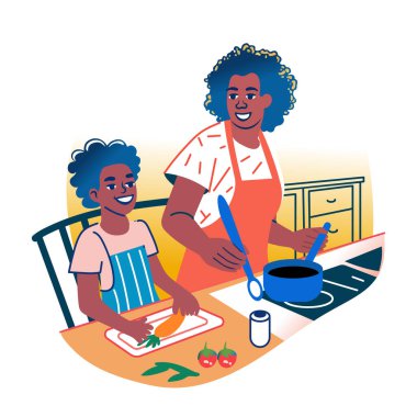 Annesiyle mutfakta yemek pişiren bir çocuk etiketi. 