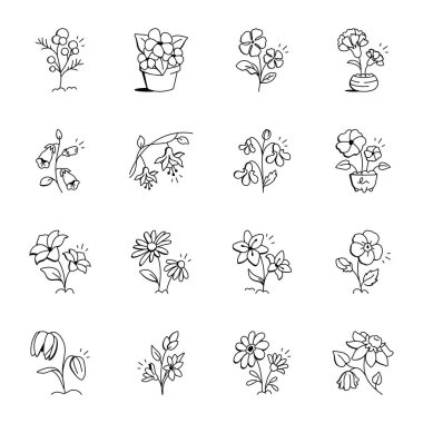 Doodle Stili Bahar Çiçekleri Simgeleri Koleksiyonu 