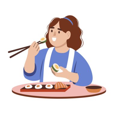 A flat illustration of a woman eating sushi with chopsticks  clipart