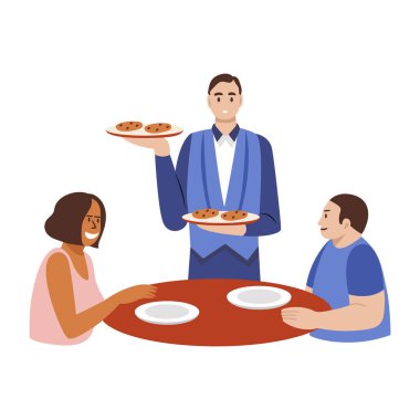 A flat illustration of a waiter serving food to customers clipart