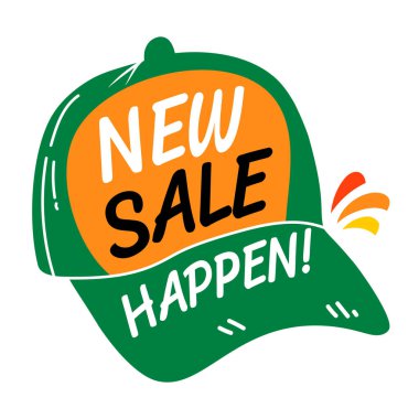 A flat sticker of hat with new sale happen typography  clipart