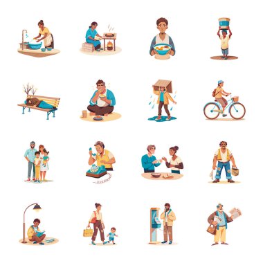 Düz Stil Yoksul Karakterleri Çizimleri 