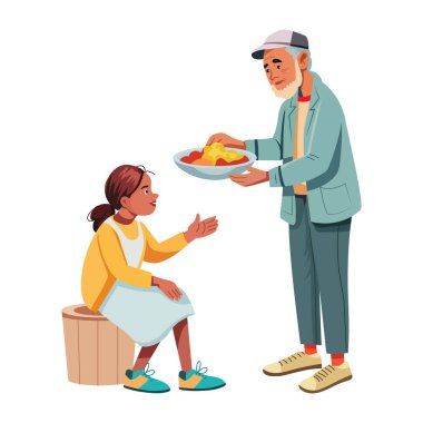 Çocuğa yemek bağışı yapan karakterin düz bir çizimi 