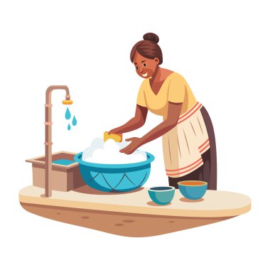 Zavallı bir bayan bulaşık yıkama sanatını düz bir şekilde gösteriyor. 