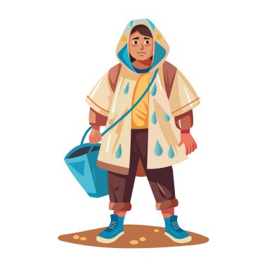 Plastik yağmurluk giyen zavallı karakterin düz bir çizimi. 