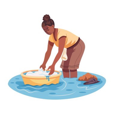 Nehirde çamaşır yıkayan zavallı bir kadın, düz çizim. 