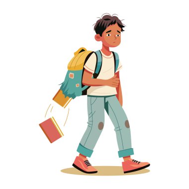 Zavallı çocuk çantasından düşen kitaplar, düz çizimler. 