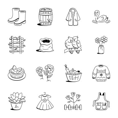 Doodle Stili İlkbahar ve Çiçek açan Simgeler