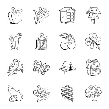 Doodle Stili İlkbahar ve Çiçek açan Simgeler