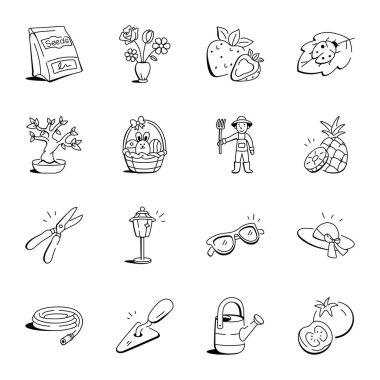 Doodle Stili İlkbahar ve Çiçek açan Simgeler