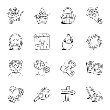 Doodle Stili İlkbahar ve Çiçek açan Simgeler