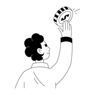 Yazı tura atan bir karakter, kabartma stili çizim 