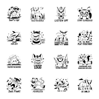 Collection of Glyph Style Animal Lettering Stickers  clipart