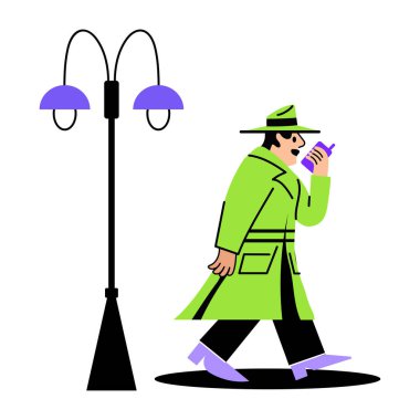 Dedektiflik görevinde çalışan bir adam. Düz çizim. 