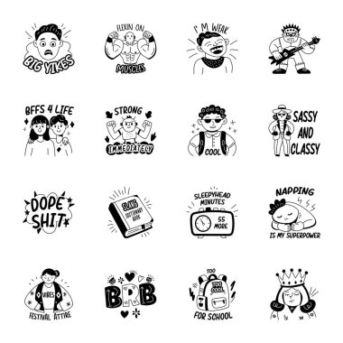 Set of Glyph Style Teenage Fashion Stickers  clipart