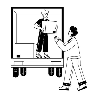 Kamyon kutularını boşaltan karakterlerin bir tasviri 