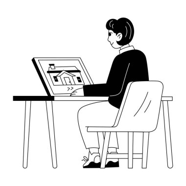 Bir dizüstü bilgisayardaki sanal özellikleri kontrol eden bir karakterin kabartma çizimi 