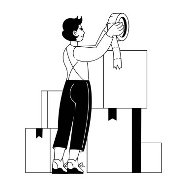 Kutuları bant ile paketleyen bir karakterin sembolü 