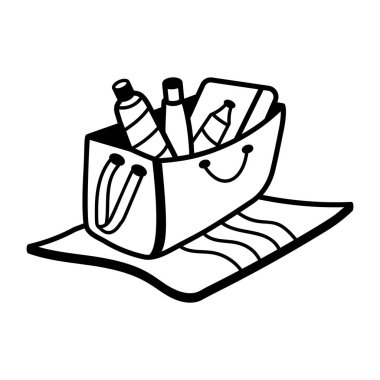 Plaj çantasının el çizimi bir simgesi. 