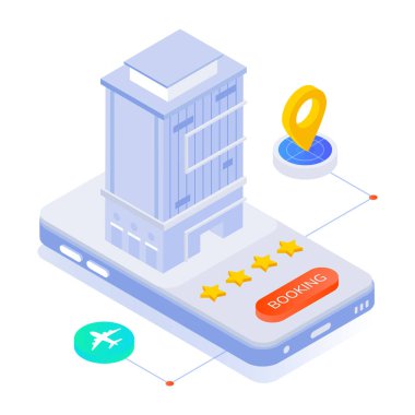 Bir otel servisi ve rezervasyonunun izometrik vektör illüstrasyonu, seyahat kavramı