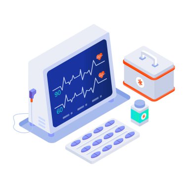 Beyaz zemin üzerindeki tıbbi ekipmanların izometrik çizimi