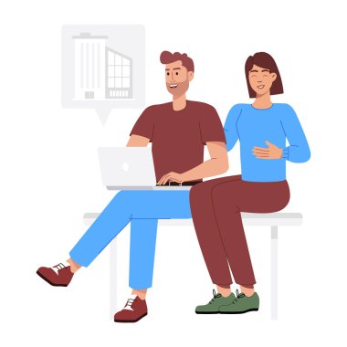 Genç adam ve kadın dizüstü bilgisayar kullanıyor, emlak arıyorlar. 