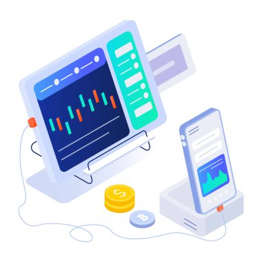 Bozuk paralarla akıllı telefonun vektör çizimi ve monitörlerde grafikleri olan tablet