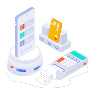 Telefon ve kredi kartı ile alışveriş teknolojisinin vektör çizimi.