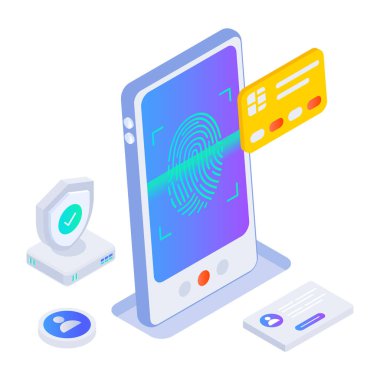 Kredi kartlı akıllı telefon. Güvenlik ödemesi. vektör izometrik illüstrasyon.