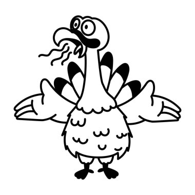 Cute cartoon turkey showing don't know gesture. Black and white vector illustration  clipart