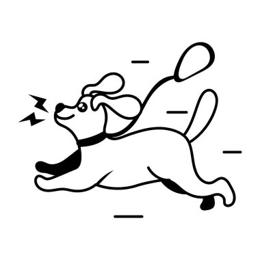 Beyaz arka planda koşan komik bir köpek yavrusu karakteri. Boyama kitabı için siyah beyaz illüstrasyon 