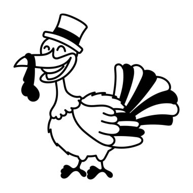 Cute cartoon turkey with hat. Black and white vector illustration   clipart