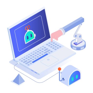 Dizüstü bilgisayarlı robot eli, yapay zeka izometrik simgesi