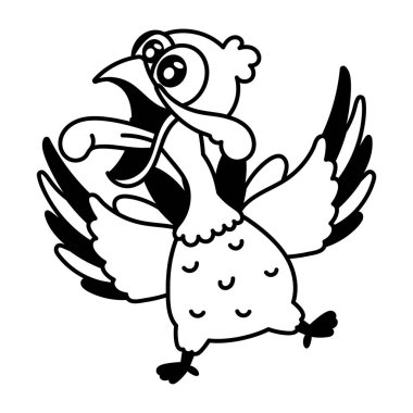 Sevimli çizgi film hindisi çığlıkları ve yükselen kanatlar. Siyah ve beyaz vektör çizimi  