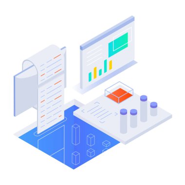 Veri analizinin izometrik çizimi. vektör illüstrasyonu 