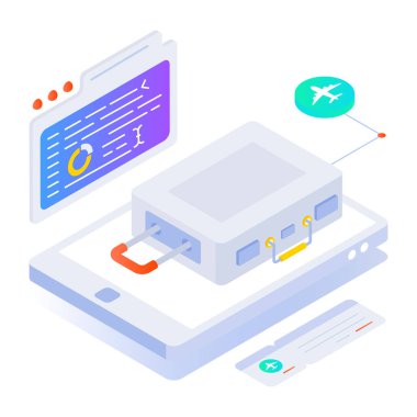 Modern teknoloji kavramının izometrik vektör çizimi. Mobil uygulama kavramı