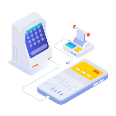 Akıllı telefonlu cep telefonu, beyaz arkaplanda izole edilmiş izometrik vektör çizimi