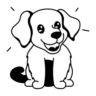Beyaz arka planda gülümseyen komik yavru köpek karakteri. Boyama kitabı için siyah beyaz illüstrasyon 