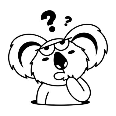 Soru işaretli komik koala karakteri. Siyah ve beyaz vektör çizimi  