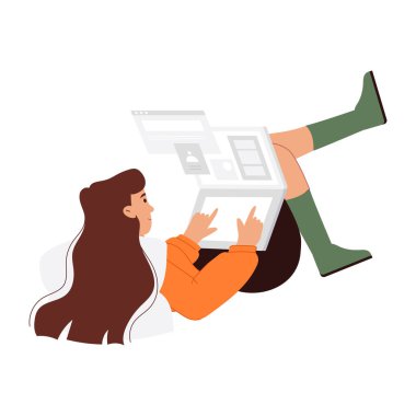 Dizüstü bilgisayar kullanan genç bir kadının düz vektör çizimi 