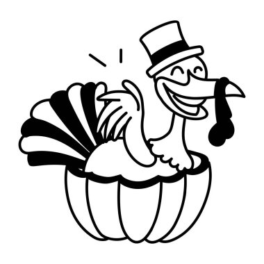 Balkabağından gülümseyen şirin çizgi film hindisi. Siyah ve beyaz vektör çizimi  