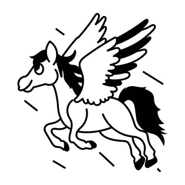 vektör, kanatları olan bir atın siyah ve beyaz çizimi 