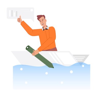 Kağıttan teknesi olan bir adam baş parmağını gösteriyor.